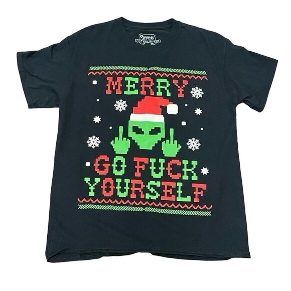 Spencer’s Merry Go F*ck Yourself Short Sleeve Tshirt Black Red and Green Medium - Picture 1 of 6